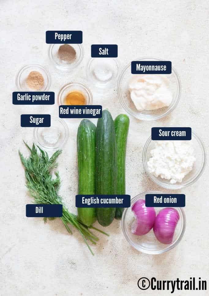 all ingredients for creamy cucumber salad