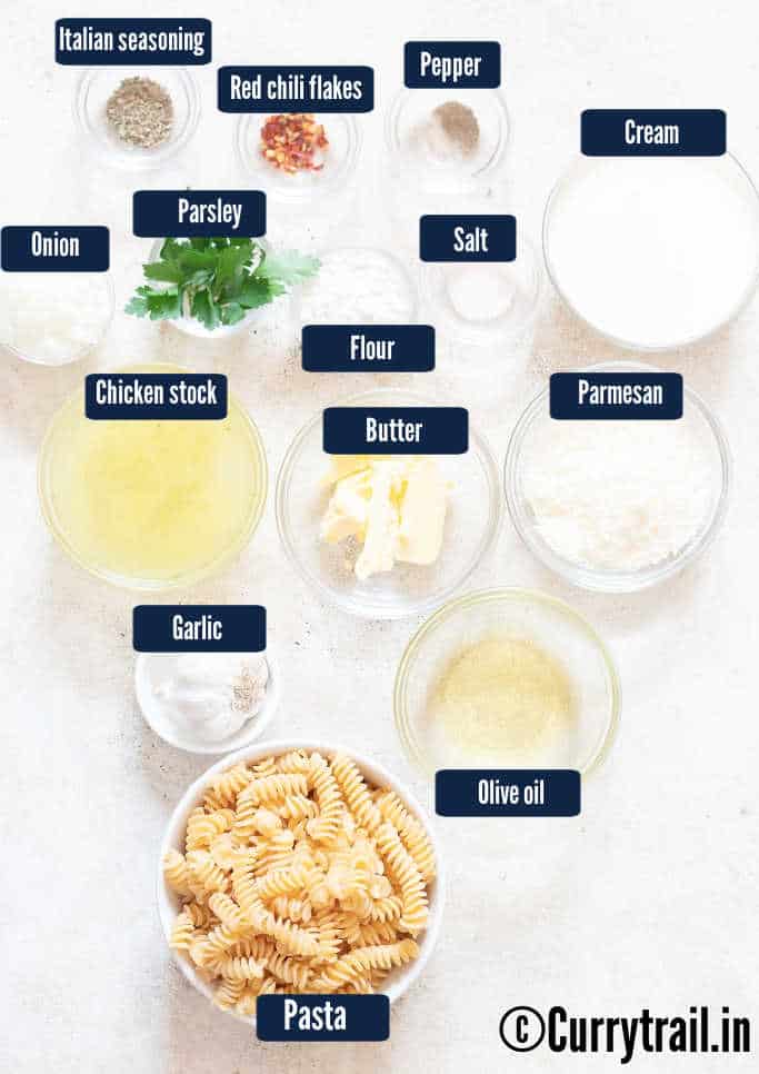all ingredients for creamy garlic pasta