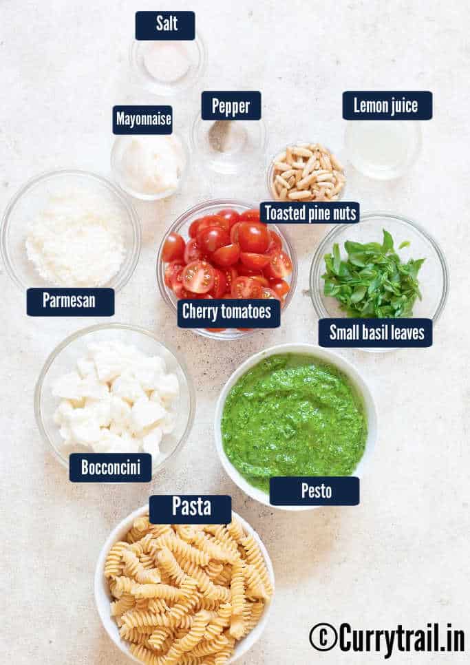 all ingredients for pesto pasta salad