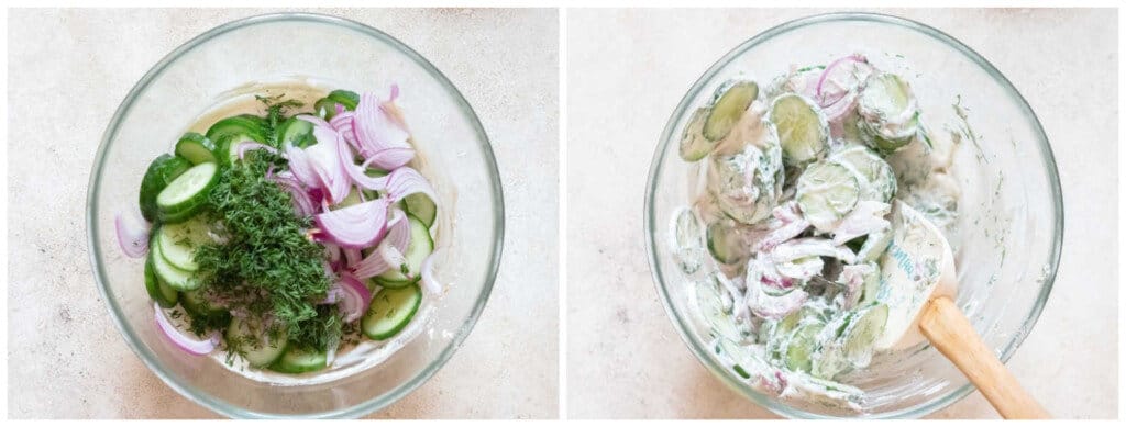 picture collage of making cucumber salad