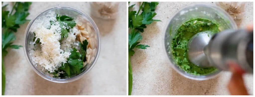 picture collage of pesto with parsley made using hand blender