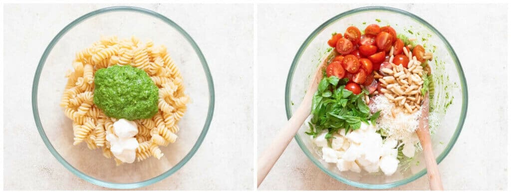 picture collage of making pesto pasta salad