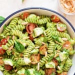 close view of pesto pasta salad