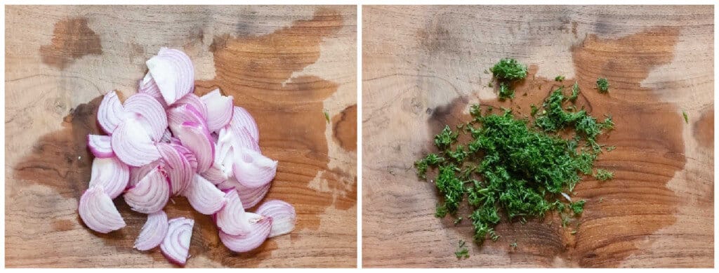 prepping vegetables for cucumber salad