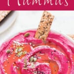 beet hummus with chips with text overlay