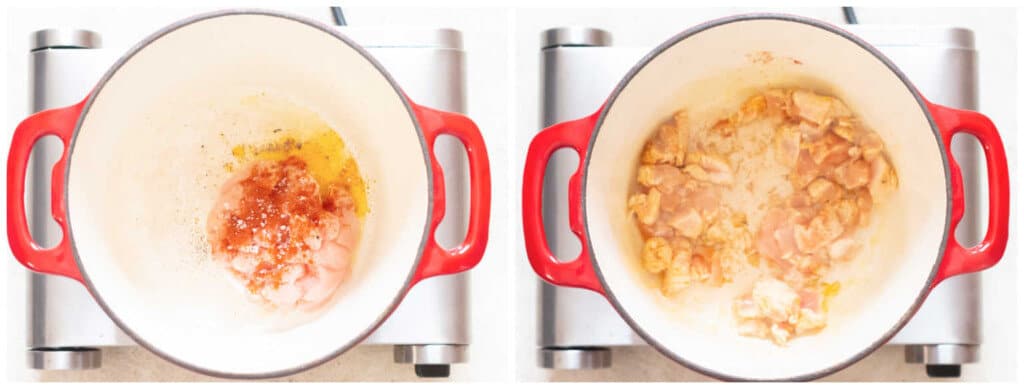 picture collage of cooking chicken in pot