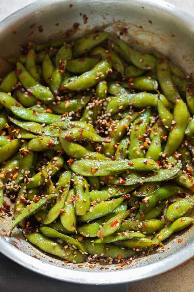 edamame cooked in skillet