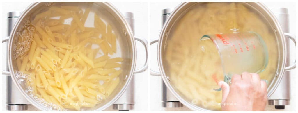 picture collage of cooking pasta