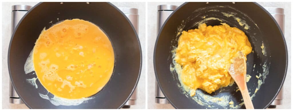 cooking scrambled eggs in wok
