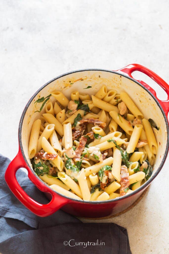 pasta with sun dried tomatoes in pot