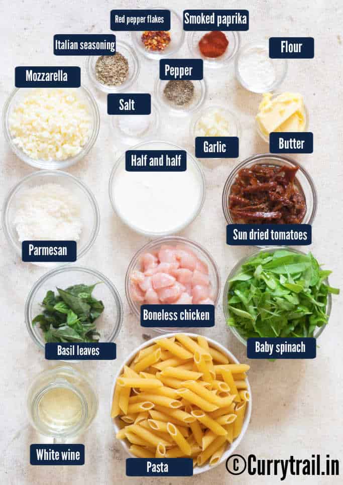 all ingredients for sun dried tomato pasta