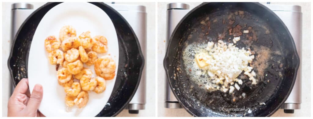 picture collage of cooking tuscan shrimp