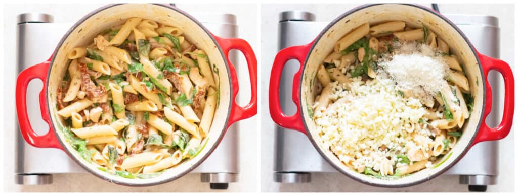 picture collage of cooking creamy chicken pasta with sun dried tomatoes