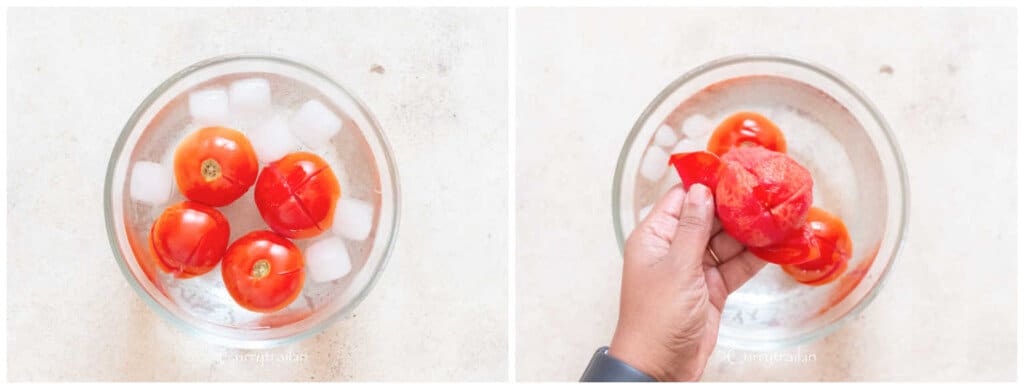 peeling skin off blanched tomatoes