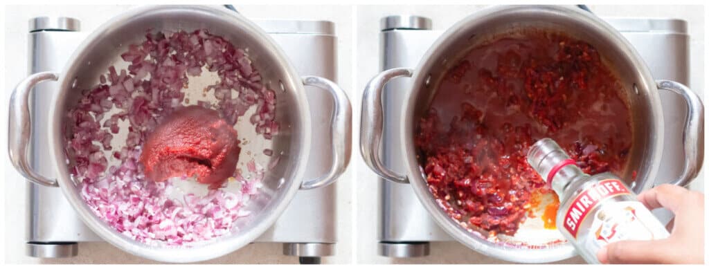 picture collage of making tomato-y sauce for pasta