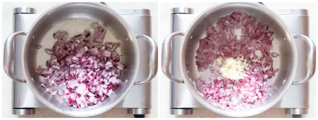 picture collage of cooking onions and garlic for pasta