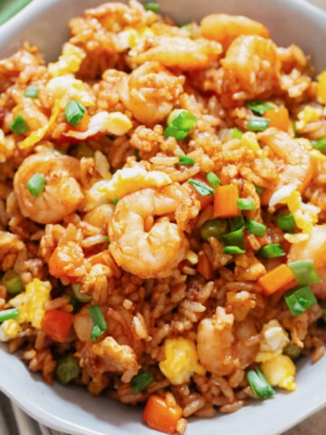 close up view of fried rice using shrimp in bowl