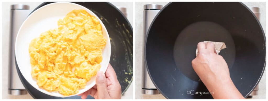 cooking scrambled eggs in wok