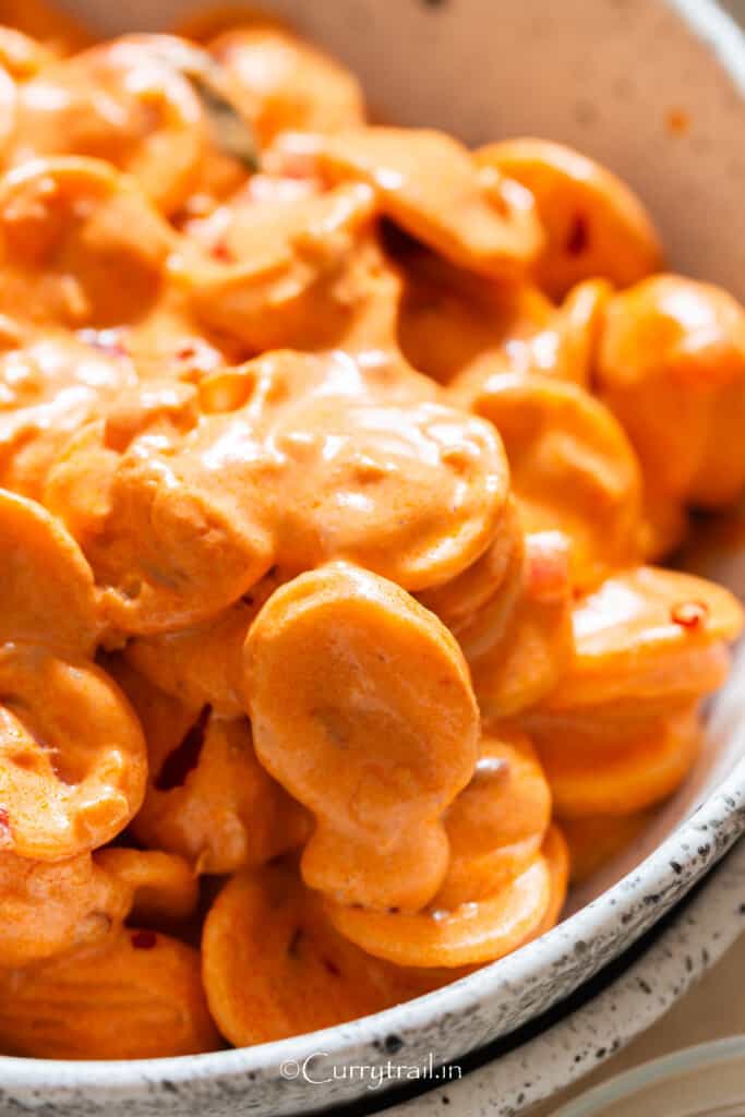 close up view of gigi hadid spicy pasta