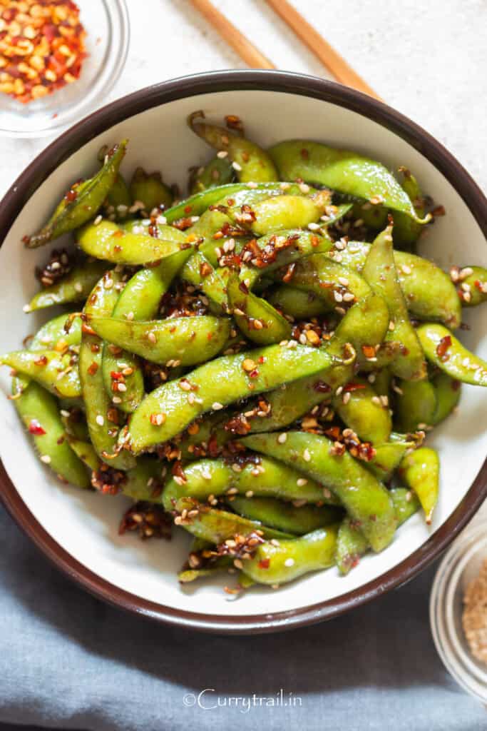 bowl of spicy edamame
