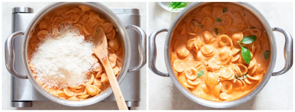 cooking pasta in creamy vodka sauce