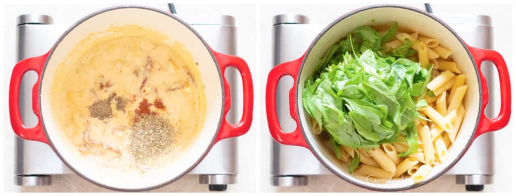picture collage of cooking creamy chicken pasta with sun dried tomatoes