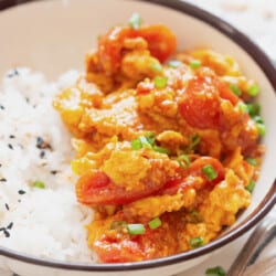 close view of egg and tomato stir fry with rice