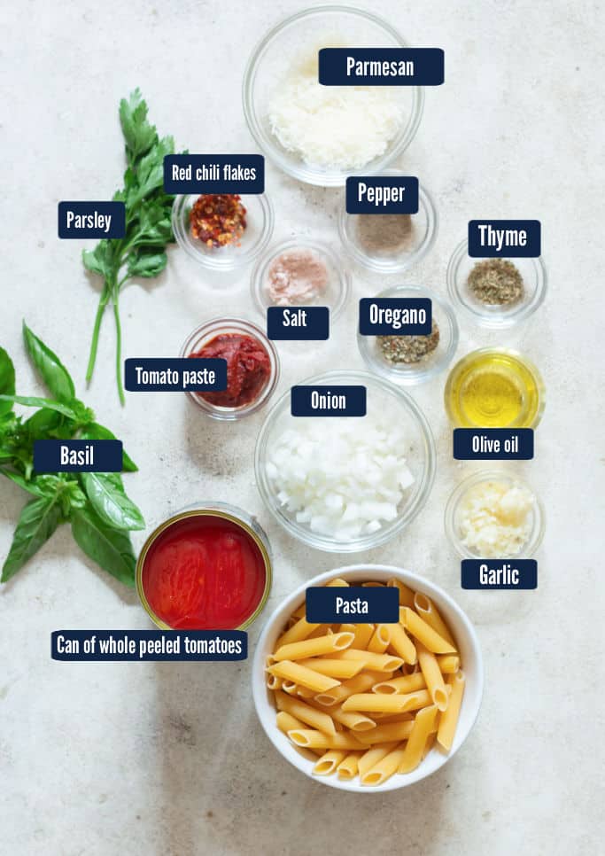 all ingredients for spicy penne arrabbiata