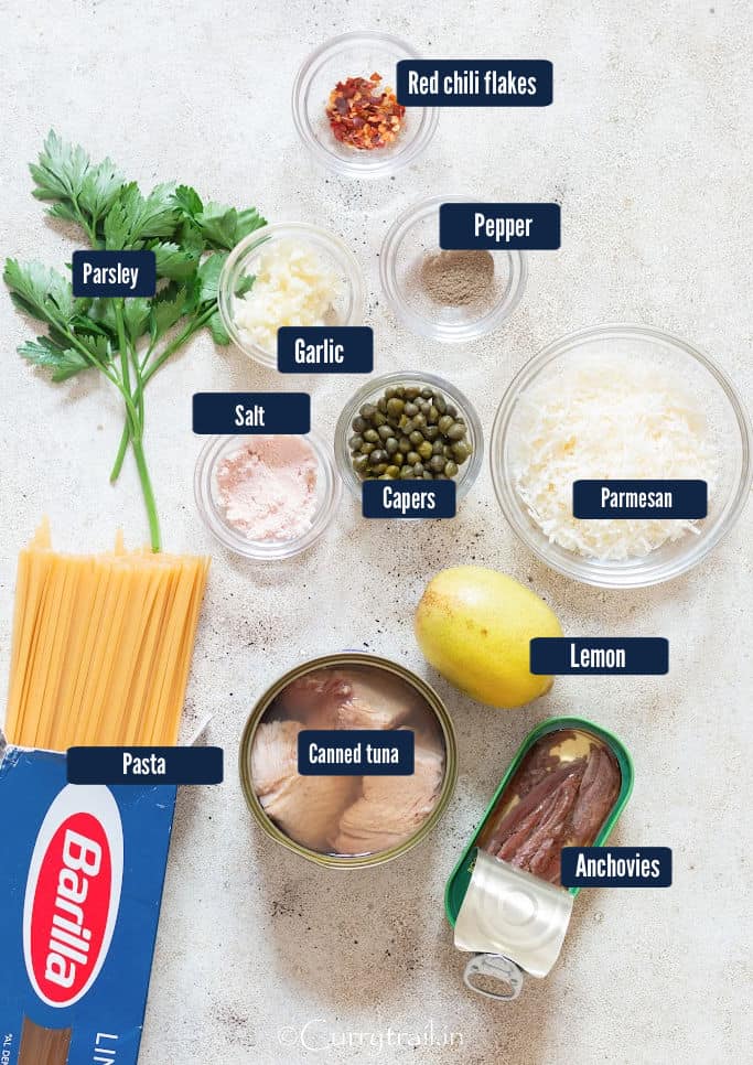 all ingredients for pasta with tuna