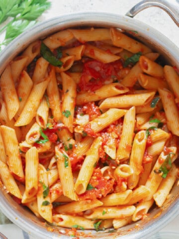 spicy penne arrabbiata pasta in pan