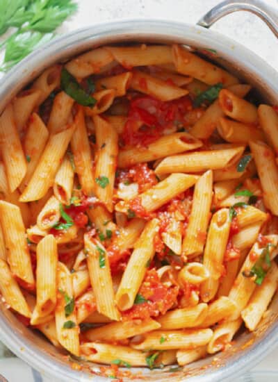 spicy penne arrabbiata pasta in pan