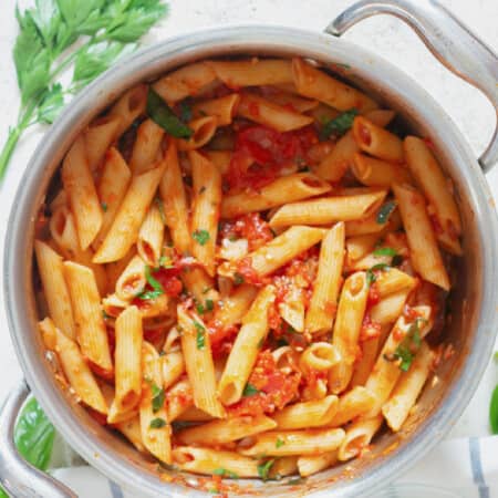 spicy penne arrabbiata pasta in pan