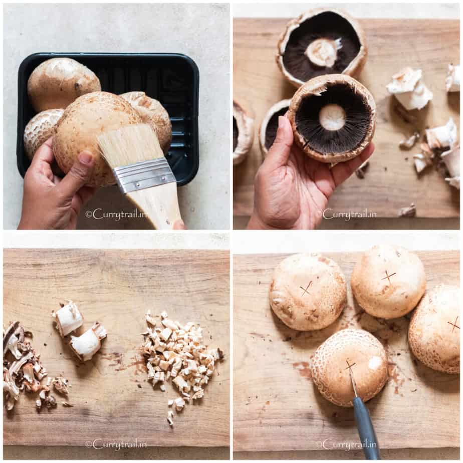 prepping mushrooms for mushroom pizza