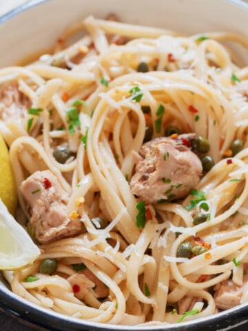 close up view of tuna pasta in bowl