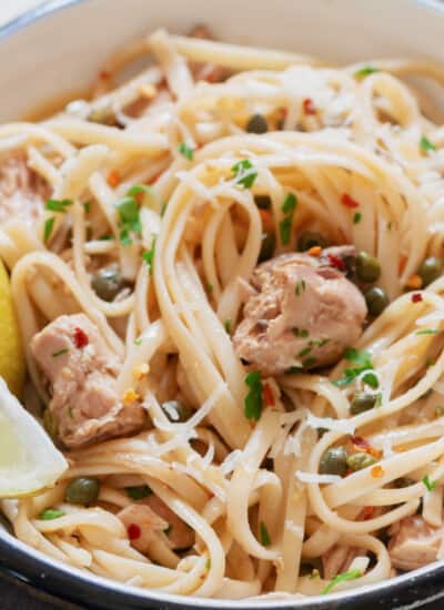 close up view of tuna pasta in bowl