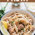 tuna anchovy pasta in bowl with text