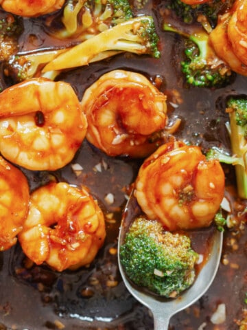 close up view of shrimp and broccoli stir fry