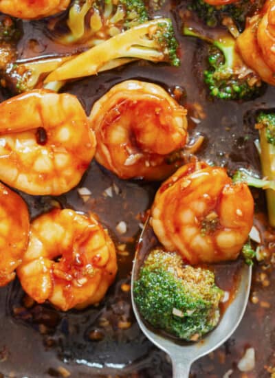 close up view of shrimp and broccoli stir fry