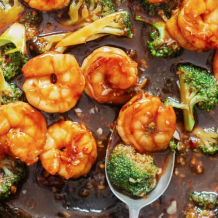 close up view of shrimp and broccoli stir fry