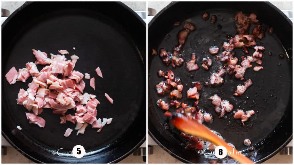 browning bacon grits in a pan.
