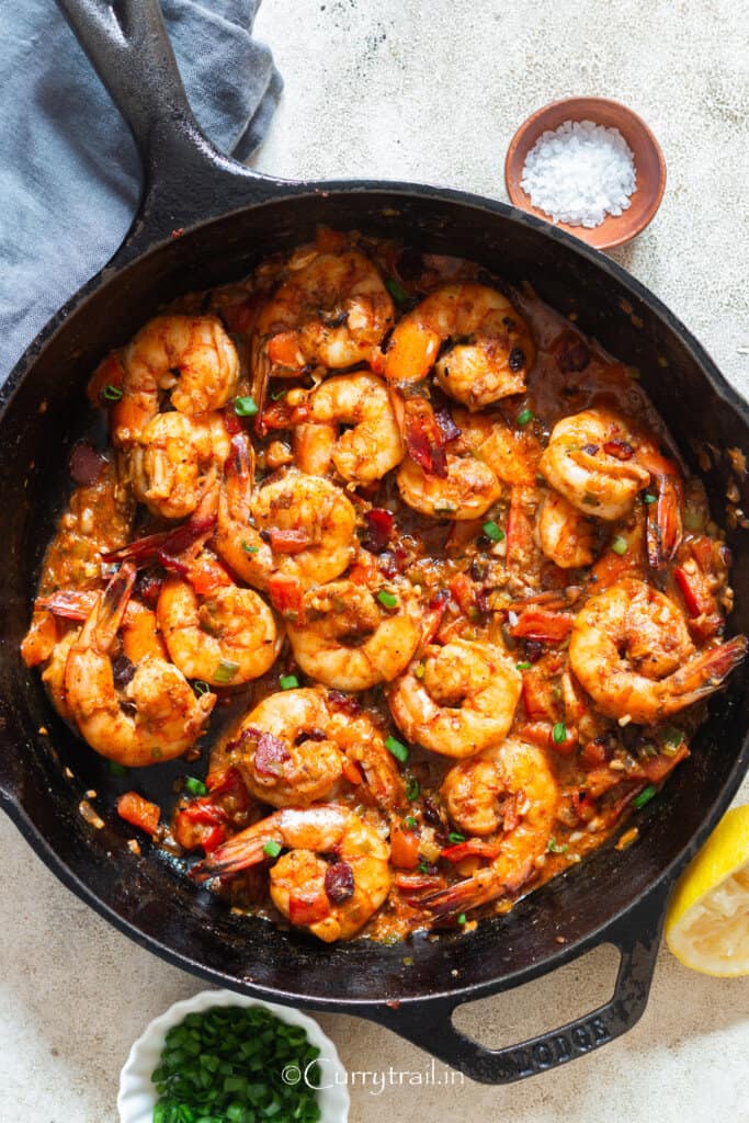 Cajun shrimp in cast iron pan