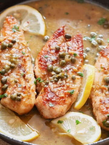 close up view of piccata chicken
