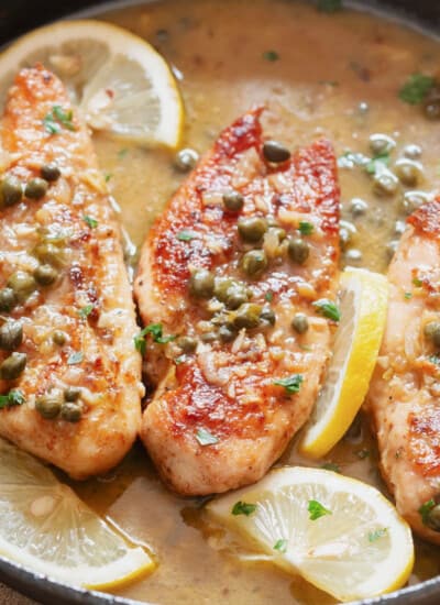 close up view of piccata chicken