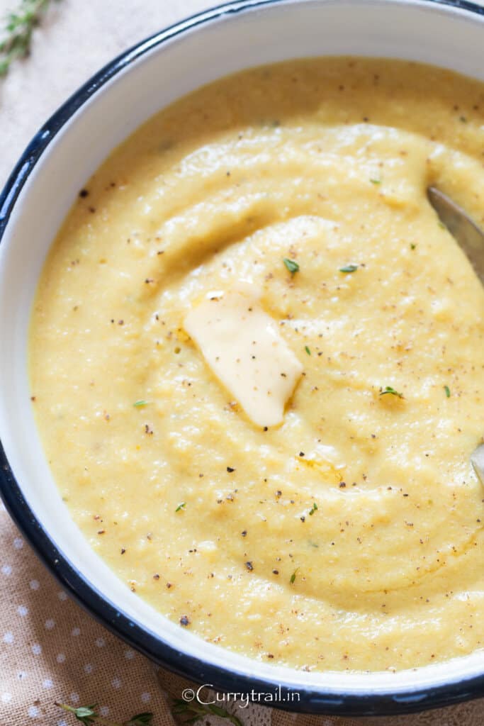 close up view of polenta in bowl