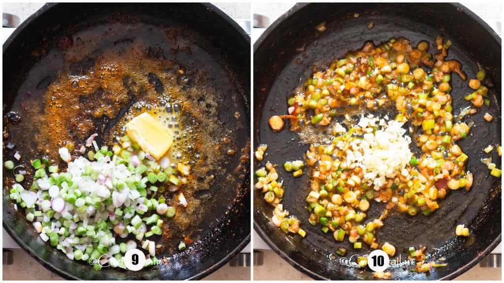 season for cajun shrimp for grits cooking in a cast iron pan.