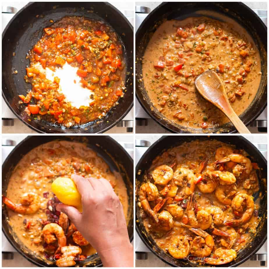 picture collage of cooking shrimp cgravy