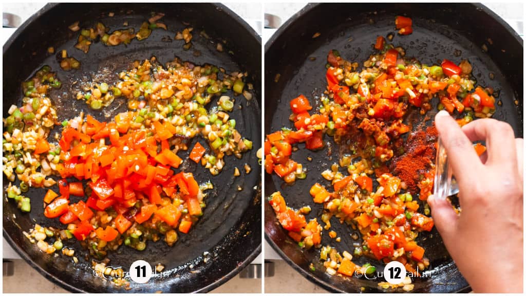season for cajun shrimp for grits cooking in a cast iron pan.