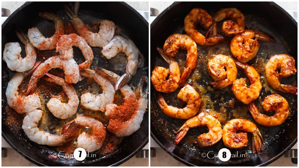 cooking shrimp with cajun seasoning in a cast iron pan.