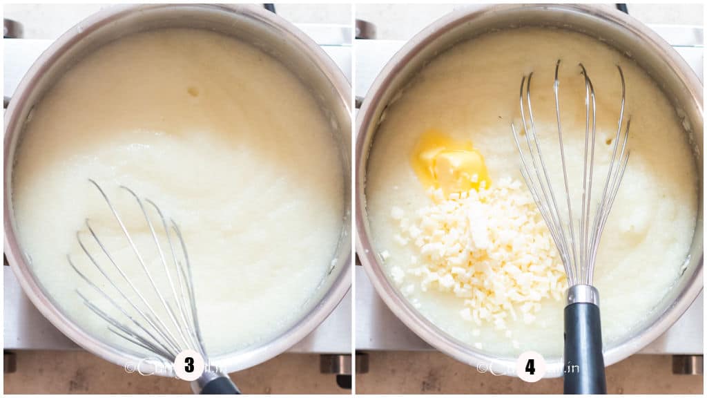 picture collage of cooking white grits in a pot.