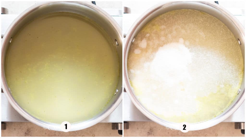 picture collage of cooking white grits in a pot.